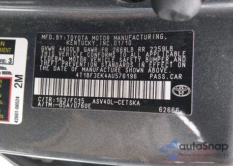 2010 Toyota Camry Se из США, поврежденный, VIN 4T1BF3EK4AU576196